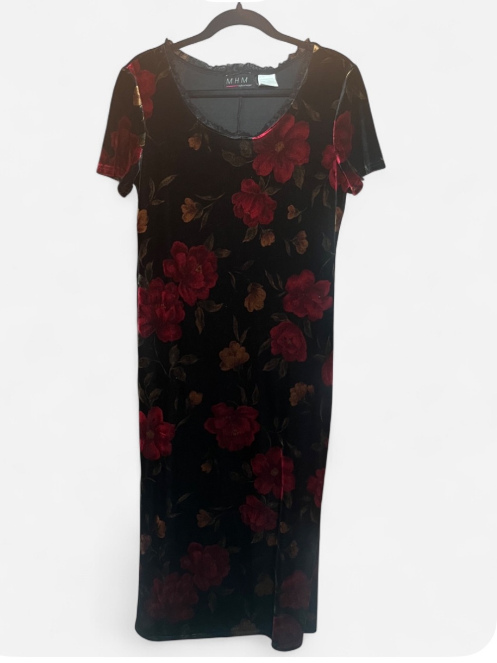 Vintage MHM Black Velvet Midi Dress with Red and Golden Floral Print Scoop Dress